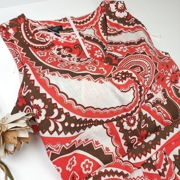 New Talbots Cream Red Brown Patterned Belted Dress Sz 12p - Picture 13 of 16